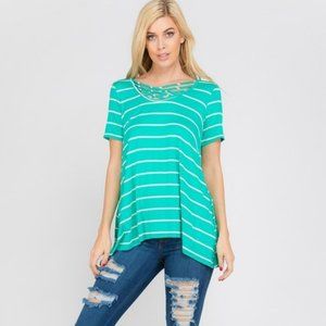 Boutique Striped Criss Cross Short Sleeve Top Teal Beachy Vacation Casual Shirt